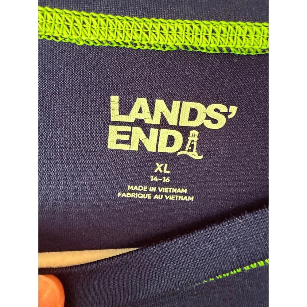Lands End Kids XL 14-16 Navy Blue Lime Green Rash Guard Long Sleeve Swim Top